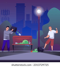 Vandalism concept. Street vandals, teenagers destroying public property in park. Teenagers throw garbage from trash cans outside into the street and bench. Flat vector illustration of bullies.