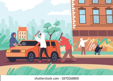 Vandalism flat composition with outdoor urban street landscape and group of teenagers beating car painting walls vector illustration