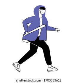 Vandalism flat silhouette vector illustration. Misdemeanor. Running vandal. Guy with baseball bat. 2D isolated outline character on white background. Simple style drawing