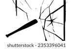 Vandalism, hooliganism. A baseball bat breaks a glass window, the window cracks. Street crime, aggression, damage, robbery. Vector. Silhouette. Black and white drawing.