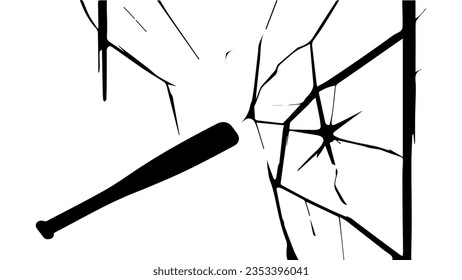 Vandalism, hooliganism. A baseball bat breaks a glass window, the window cracks. Street crime, aggression, damage, robbery. Vector. Silhouette. Black and white drawing.