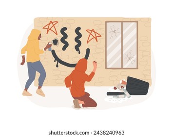 Vandalismo concepto aislado ilustración vectorial. Destrucción y daños, propiedad pública o privada, vandalismo político, violencia y saqueo, construcción de muros, concepto de vector de graffiti.