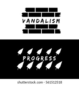 vandalism and progress concept. vandalism explaining broken brick wall. progress explaining cut trees. destroying man-made building vs destroying environment