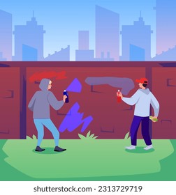 Vandals damaging city building. Bandits in hood and balaclava painting graffiti on the fence in the street. Men, teenagers bandit sprays paint from a balloon, spoils property. Flat vector illustration