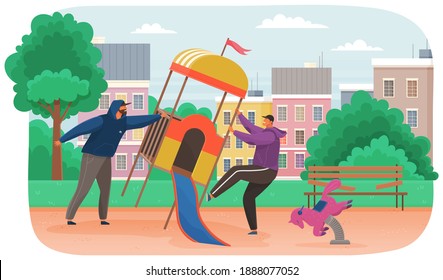 Vandals destroy a children's slide in a public park. Masked and hooded bandits destroy city property. Street gangsters and vandalism concept. Cartoon vector aggressive men smashing playground