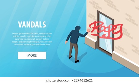 Vandals horizontal banner with male character hiding under hood painting wall of building isometric vector illustration