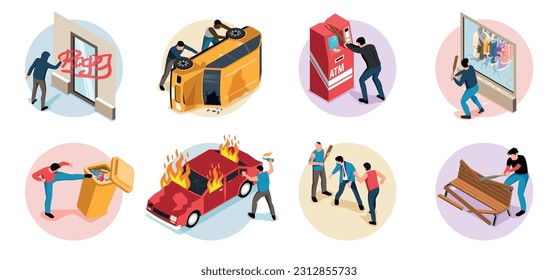 Vandals isometric round compositions with hooligans damaging public property turning over and setting fire to cars isolated vector illustration