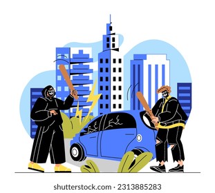 Vandals near broken car concept. Men in masks with bits break automobile at background of city. Sabotage, demolition and destruction. Gangsters in balaclava. Cartoon flat vector illustration