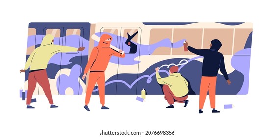 Vandals painting illegal graffiti with aerosol paint, bullies damaging subway train with beat. Vandalism and sabotage concept. Flat vector illustration of gang doing harm isolated on white background