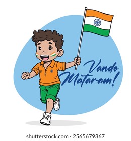 Vande Mataram Translation: I praise you, Motherland; Colorful illustration of a boy celebrating India's greatness, Suitable for children's books, school projects, 15 August, 26 Jan, Patriotic things.