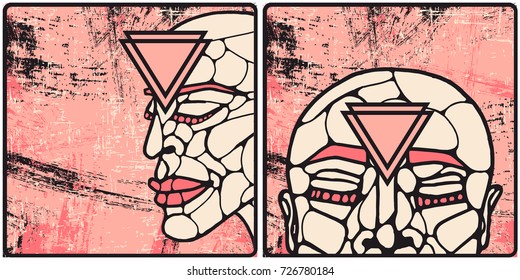 Vanguard square vector card with the image of a person face. The triangle on the forehead. It can be used for packaging, invitations, greeting cards, etc.