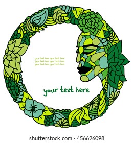Vanguard Vector frame with a picture of a human face in profile in a circle of flowers and leaves. There is a place for your text. Handmade. It can be used for packaging, invitations, etc.