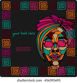 Vanguard Vector square card with a picture of a girl with glasses and ornaments. Handmade. There is a place for your text. It can be used for packaging, invitations, greeting cards, etc.