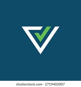 Emblema de marca de verificação Vanguard; uma elegante letra V branca integrada com uma marca de verificação verde vibrante, significando sucesso final, aprovação autêntica e validação confiável