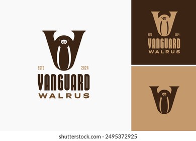 Vanguard Walrus Logo: The letter V transforms into a walrus, representing strength and leadership, ideal for innovative brands or ventures pioneering new frontiers. Layered EPS Vector