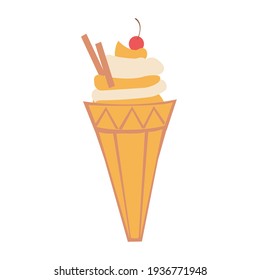 Vanila Ice Cream With Cherry Icon Flat Vector Illustration