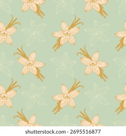 Padrão de especiarias aromáticas de baunilha, flores de creme e feijão de baunilha dourado padrão em fundo verde pastel.