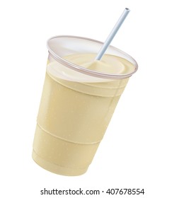 Vanilla or banana, beige milk shake or smoothie in a plastic glass with a white straw sticking up.