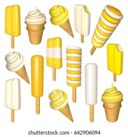 Vanilla and Banana Ice Creams Collection. Set of Ice Creams and Popsicles Isolated on White. Popsicles Cones and Cups in Yellow and White. Low Poly Vector Illustration.