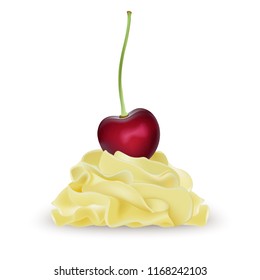 Vanilla banana lemon whipped cream for ice cream, yogurt, cupcake, cake. Red cherry on top. Detailed 3d Illustration Isolated On White. Design Element For Web Or Print Packaging. Vector Illustration. 