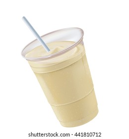 A vanilla or banana smoothie or milkshake in a clear plastic cup tilting left.