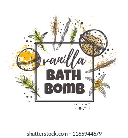 Vanilla bath bomb concept design. Hand drawn vector illustration. Can be used for organic shop, heathcare, spa, aromatherapy, handmade cosmetic, logo, sticker, label, gift, icon.