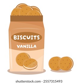 Vanilla biscuits in bag vector illustration. Cookies or crackers dessert collection.