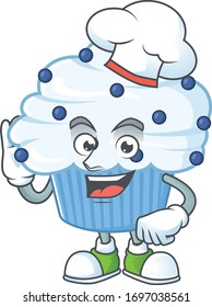 Vanilla blue cupcake cartoon design style proudly wearing white chef hat