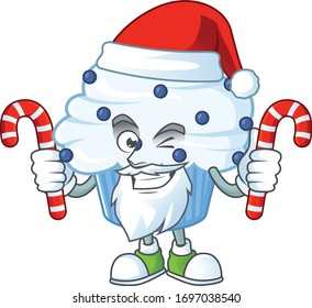 Vanilla blue cupcake humble Santa Cartoon character having candies