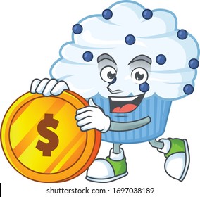 Vanilla blue cupcake rich cartoon character have big gold coin