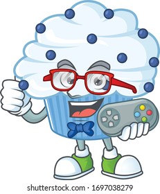 Vanilla blue cupcake talented gamer mascot design play game with controller