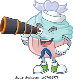 Vanilla blue love cupcake cartoon happy Sailor style with binocular