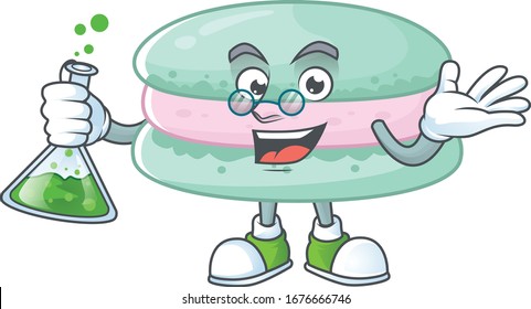 Macarones azules de vainilla cerebro Profesor diseño de caricatura agarrar un tubo de vidrio