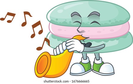 Vanilla blue macarons cartoon character playing music with a trumpet