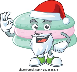 Vanilla blue macarons cartoon character of Santa showing ok finger