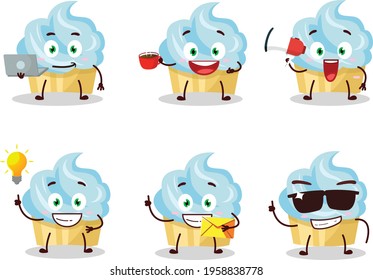 Vanilla cake cartoon character with various types of business emoticons