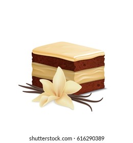 Vanilla cake isolated on white background. Vanilla flower and pods. White chocolate piece of cake.