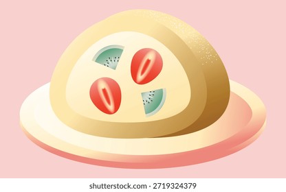 Bolo de bolo de baunilha em uma ilustração vetorial de placa. Ícone de rolo de bolo de baunilha conjunto vetor isolado em um fundo rosa. Bolo de rolo suíço com ilustração de morangos e kiwi.