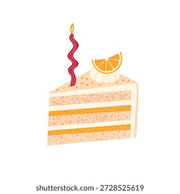 Rebanada de pastel de vainilla con adorno de naranja y vela de cumpleaños. Dulce postre en capas con decoración de crema y cítricos. Ilustración vectorial plana linda aislada sobre fondo blanco.