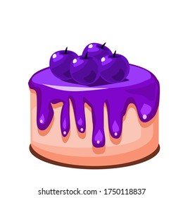 Vanilla cake topped with blueberry cream, with the blueberry effect placed on top, isolated on a white background.Coffee time. Eat with coffee.Can be used for logo, icon, restaurant menu, packaging.