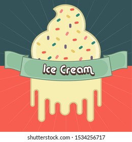 Vanilla with candy chips ice cream ball. Vintage poster - Vector illustration