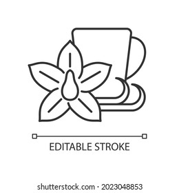 Vanilla chai tea linear icon. Indian beverage. Tea drink made of anise, cardamom and cinnamon. Thin line customizable illustration. Contour symbol. Vector isolated outline drawing. Editable stroke