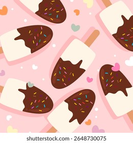 Vanilla choco popsicle ice cream seamless pattern with pink background and heart icon decoration