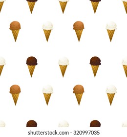 Vanilla, chocolate and caramel ice cream cone on white seamless pattern