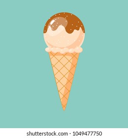 Vanilla Chocolate chip Ice cream with waffle basket. in bright cartoon style. vector in nice colors isolated on background.