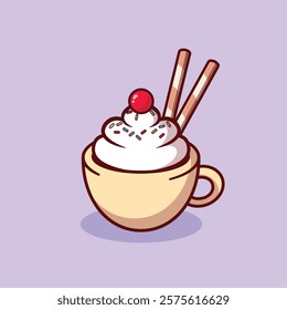 Vanilla and chocolate cream coffee cup With berry in Cartoon Icon Illustration