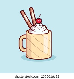 Vanilla and chocolate cream coffee Mug With berry in Cartoon Icon Illustration