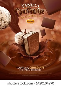 Vanilla chocolate ice cream ads with pouring sauce on bokeh glittering background in 3d illustration