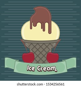 Vanilla and chocolate ice cream cone . Vintage poster - Vector illustration