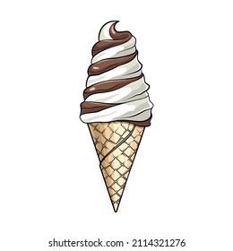 Vanilla chocolate ice cream cone, vector drawing